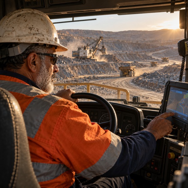Haul-truck operator receiving a route update at the service endpoint