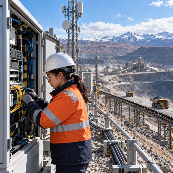 Field engineer tracing fiber, edge infrastructure and mining assets