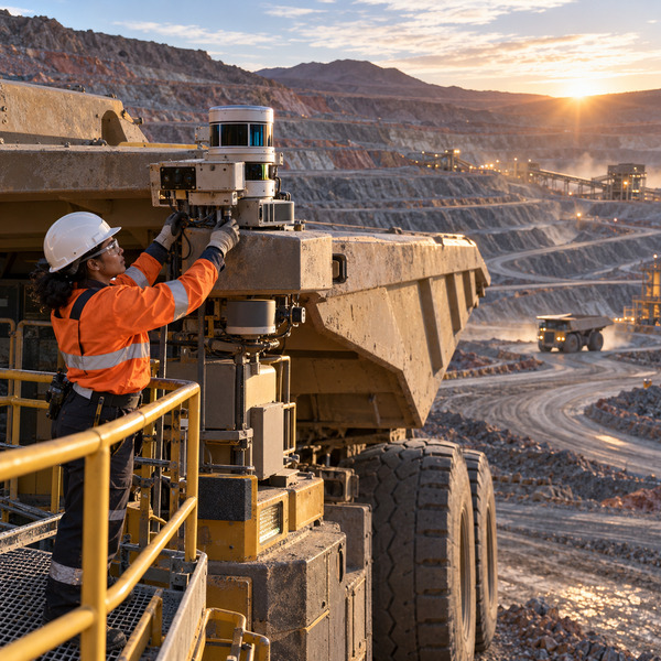 Technician Inspecting Autonomous Haul Truck Positioning Sensors