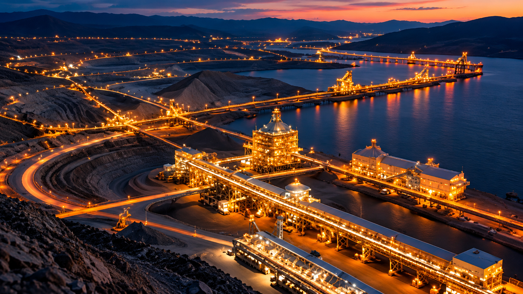 Aerial view of an illuminated mining and processing complex with conveyors, roads, industrial facilities, and loading infrastructure extending along the water at dusk.