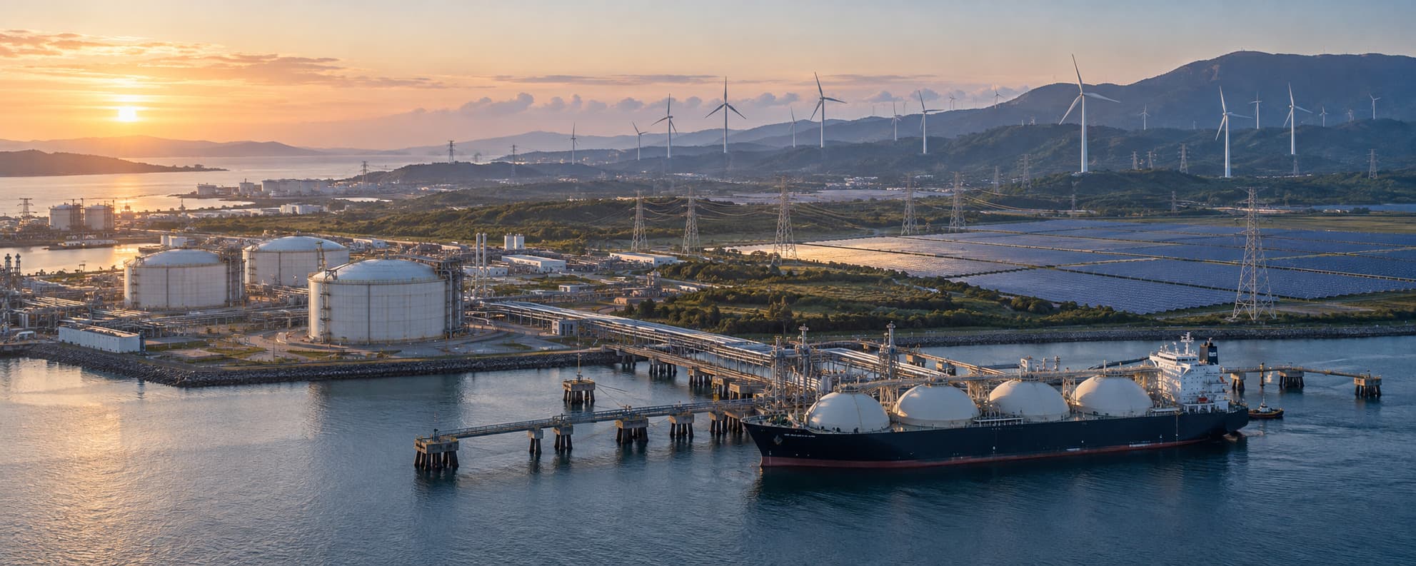 Panoramic view of an energy corridor integrating a gas terminal, transmission networks, solar generation and wind farms.