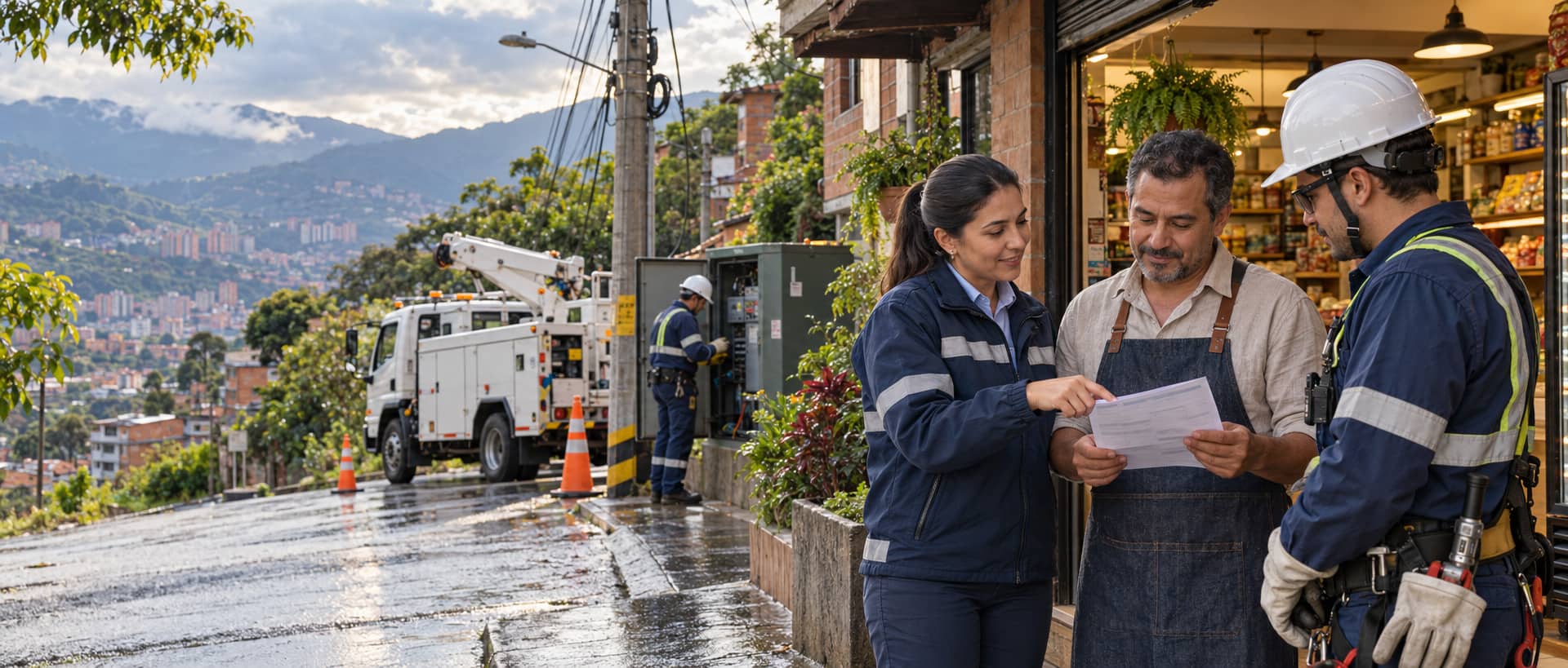 Colombian utility team explains a bill to a shop owner after restoring electricity service in a hillside neighborhood.