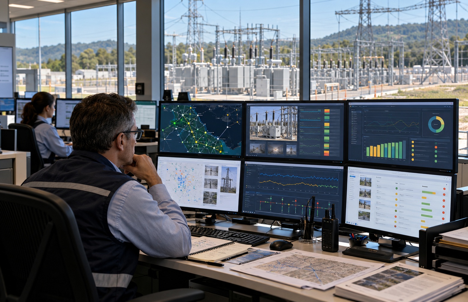Utility operations specialist reviewing aligned grid, asset, field and operational data, illustrating the governed evidence foundation behind accountable AI-supported decisions.