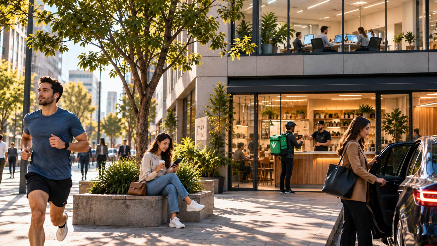 Urban consumers using digital services across mobility, delivery, lifestyle and work, illustrating telecom growth beyond connectivity.