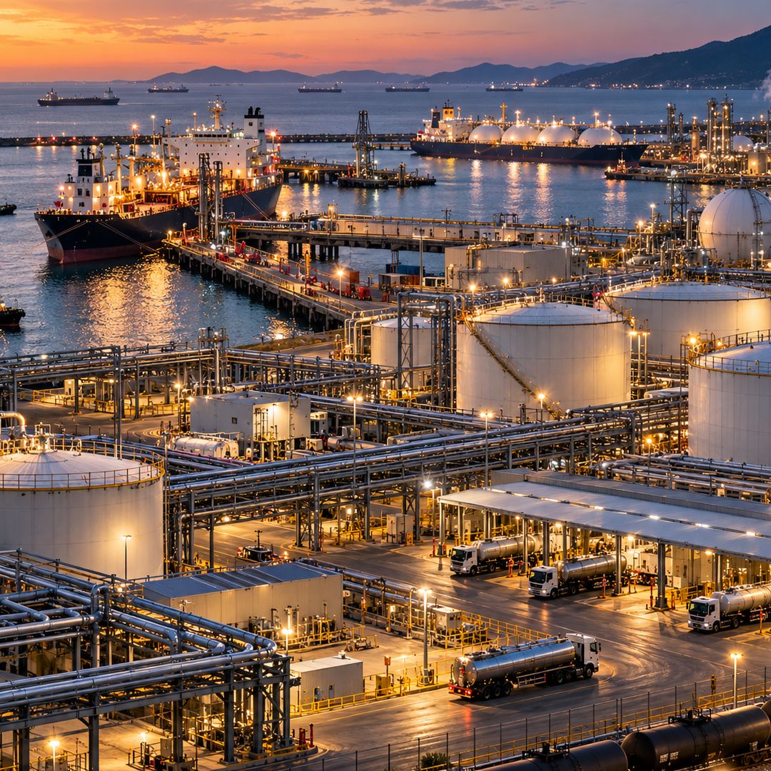 Energy trading infrastructure with terminals, storage, vessels and logistics operations supporting high-volume transactions, traceability and auditability.