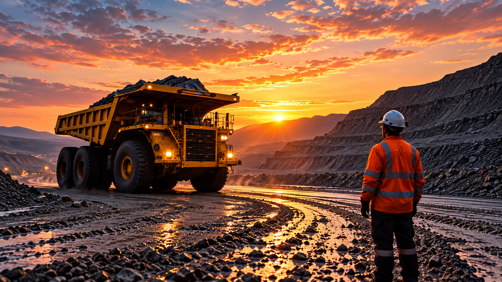 A mining worker in high-visibility protective clothing stands in an open-pit mine, observing a large haul truck carrying ore at sunset. The scene features rugged mine walls, muddy tracks, illuminated vehicle lights, and dramatic orange clouds reflecting across the terrain.
