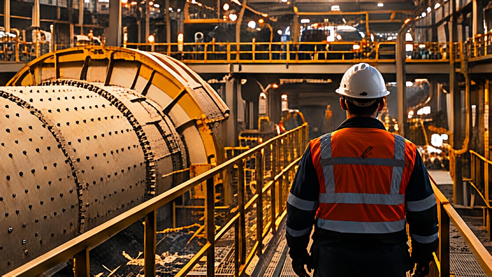 Worker in safety gear walking through a mineral processing plant alongside heavy industrial machinery.