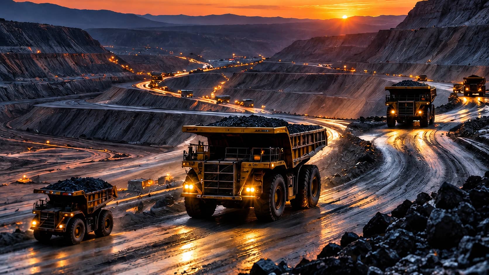 Open-pit mine at sunset with heavy haul trucks transporting ore along winding roads.