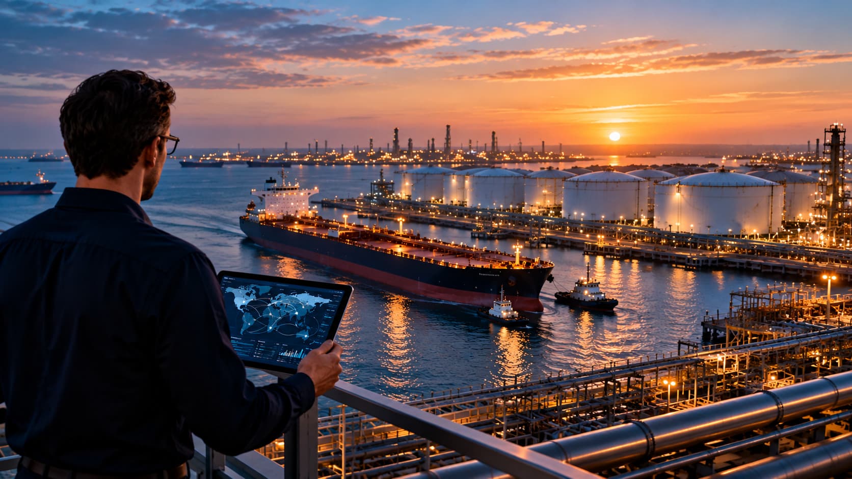 Oil trading professional monitoring global crude logistics on a tablet overlooking a tanker, storage terminals and refinery infrastructure at sunset.