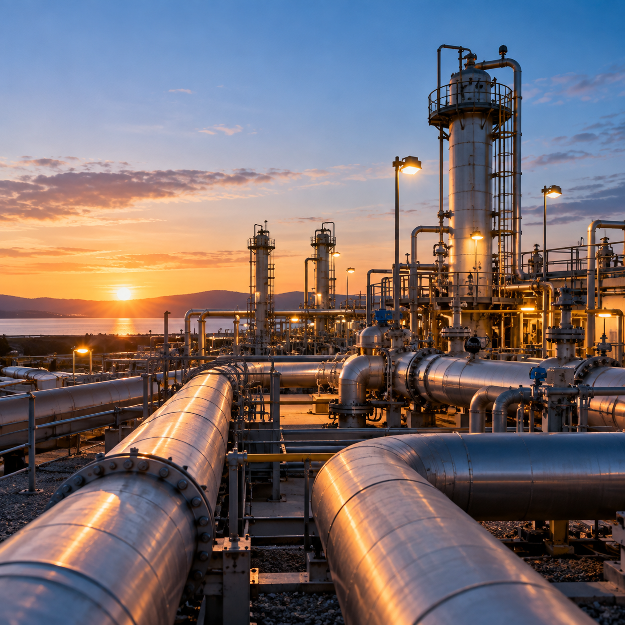 1. Gas processing facility at sunset with extensive pipelines, processing towers and critical energy infrastructure.