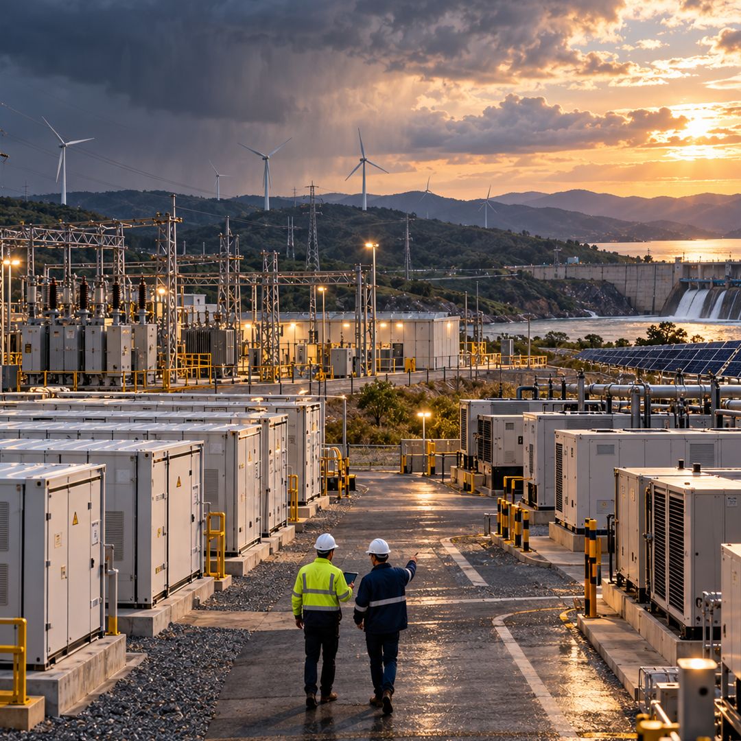 Integrated energy portfolio with battery storage, wind, solar and hydroelectric assets supporting grid resilience and continuous optimization.