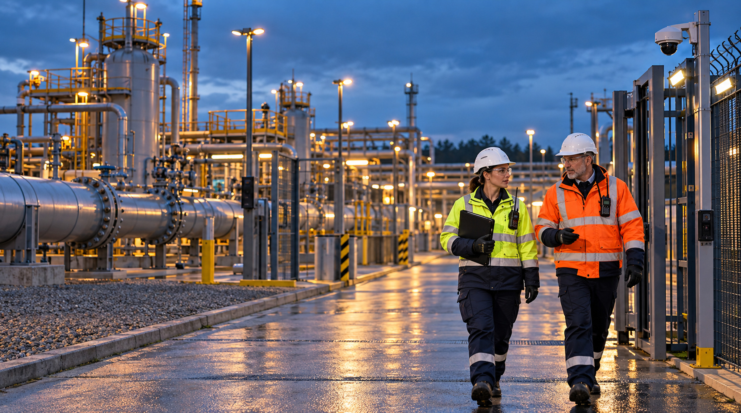 Two energy sector professionals walking through a secure gas processing facility with pipelines and industrial infrastructure.