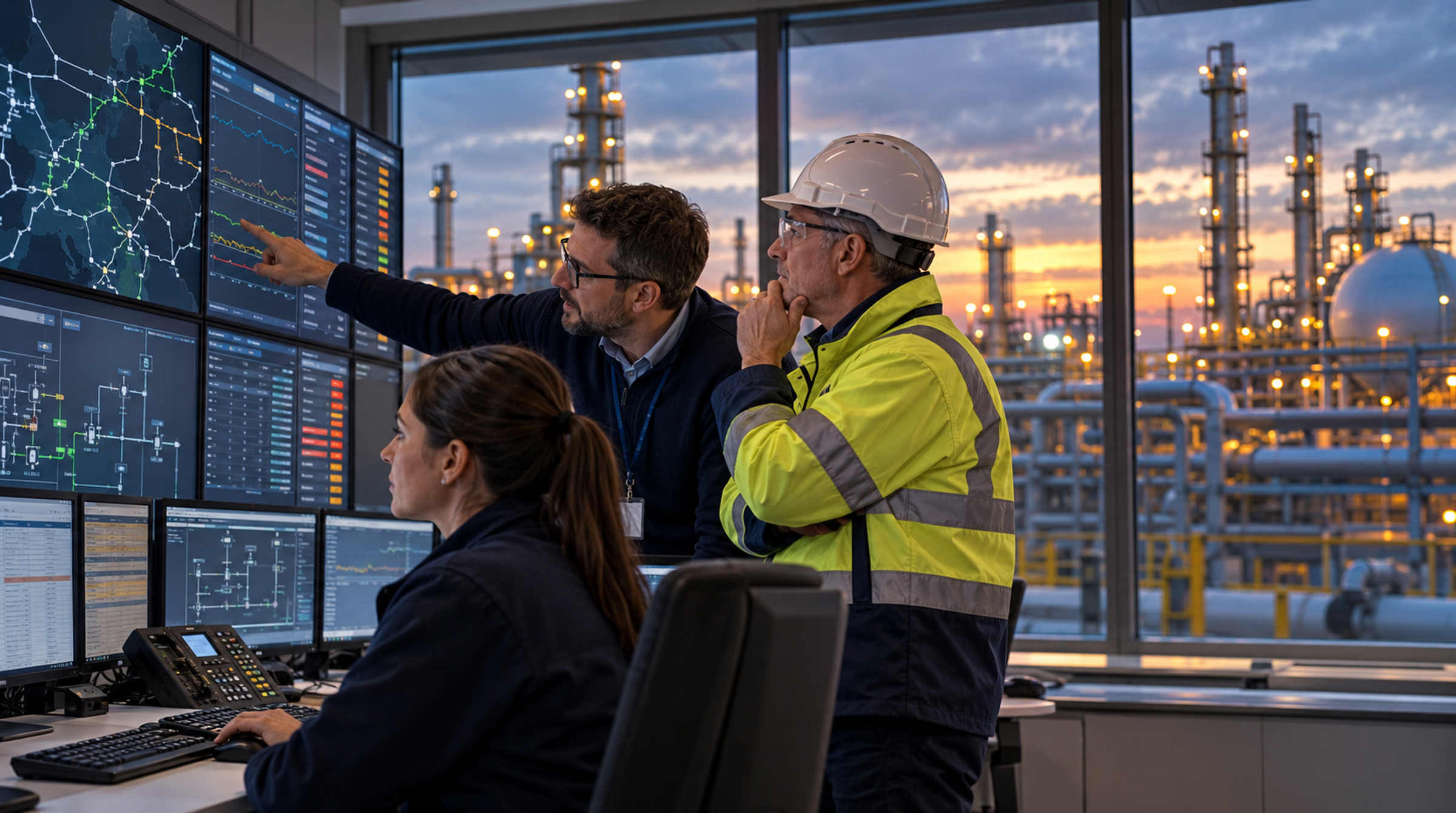 Operations team monitoring gas infrastructure and network performance from an industrial control room.