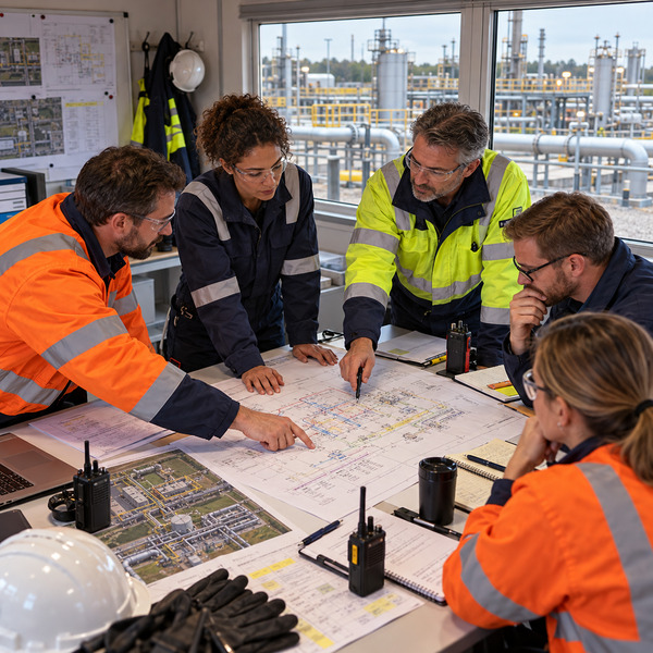 Multidisciplinary energy team reviewing plant plans and operational requirements at a gas facility.