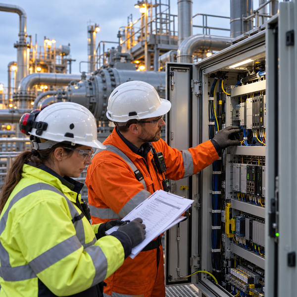 Engineers inspecting industrial control and network equipment within an operational gas processing facility.