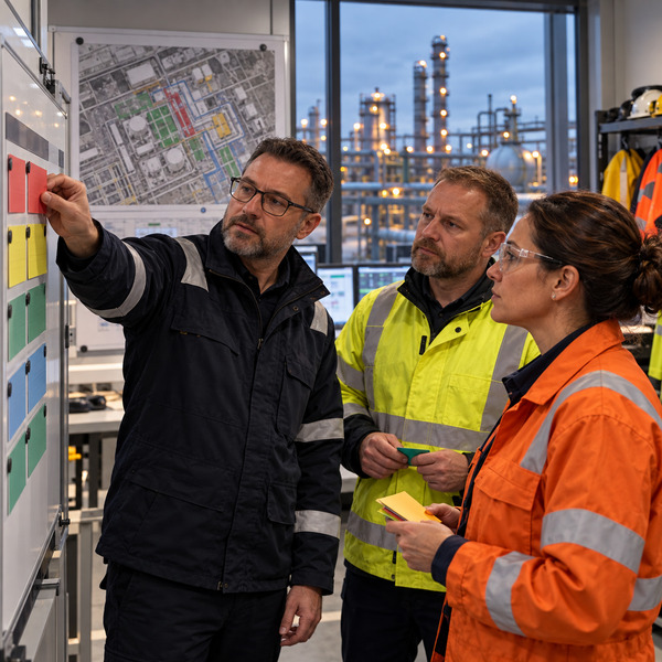 Energy specialists prioritising initiatives on a planning board inside an industrial operations environment.
