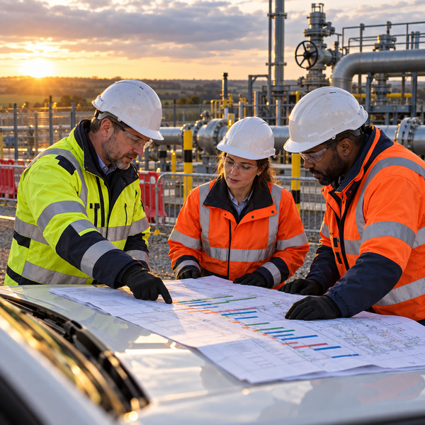 Operations team reviewing a phased implementation roadmap beside critical gas infrastructure.