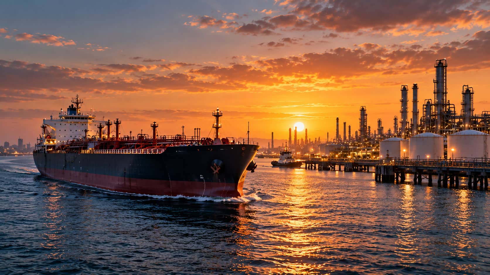 Oil tanker at sunset near refinery