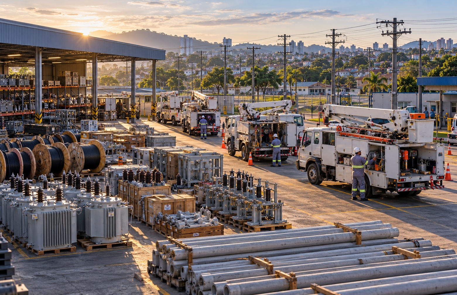 Distribution equipment and service vehicles staged at a Brazilian utility operations yard, showing how workforce, materials and delivery capacity shape which grid investments can be executed.