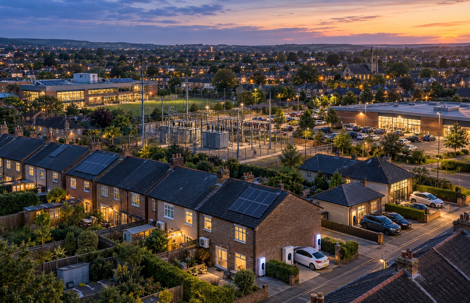 British neighbourhood with electric vehicles, heat pumps, homes and commercial buildings connected to the local grid, illustrating demand flexibility at community scale.