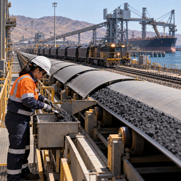 Mining professional sampling ore from a conveyor belt, with rail transport and port infrastructure in the background.