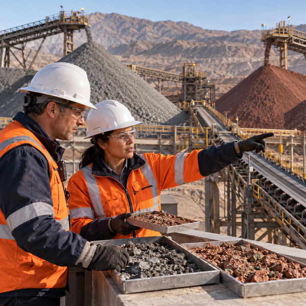 Two mining professionals examining ore samples and reviewing operations at a mineral processing facility.