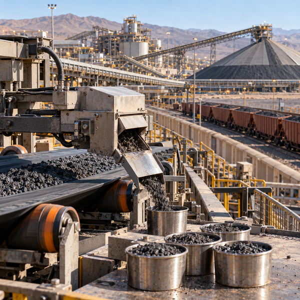 Automated equipment collecting ore samples from a conveyor belt at a large mineral processing facility.