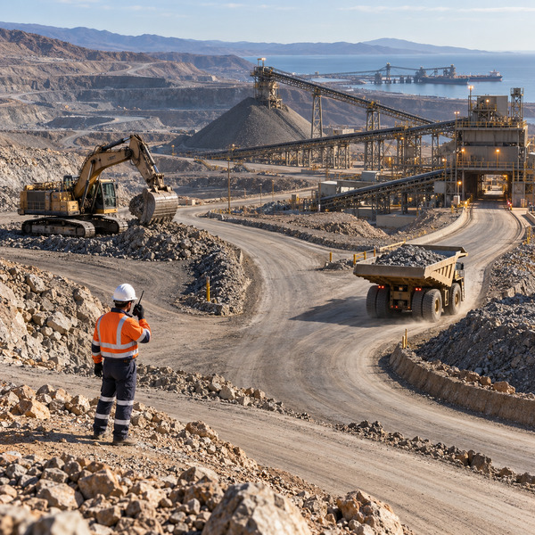 Mining professional overseeing haul trucks, excavation and conveyor systems across an integrated open-pit mining operation.