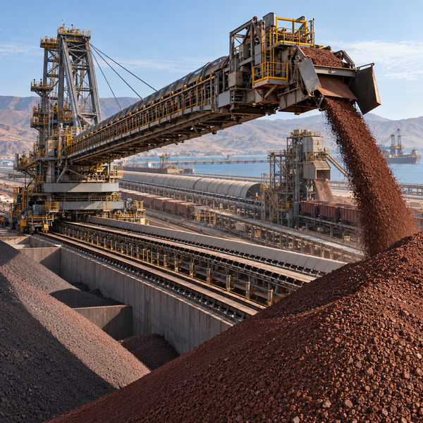 Large-scale ore handling system transferring material to stockpiles as part of an integrated mining operation.