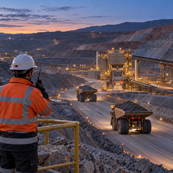 Mining professional monitoring haul trucks and processing infrastructure during an active mining operation.