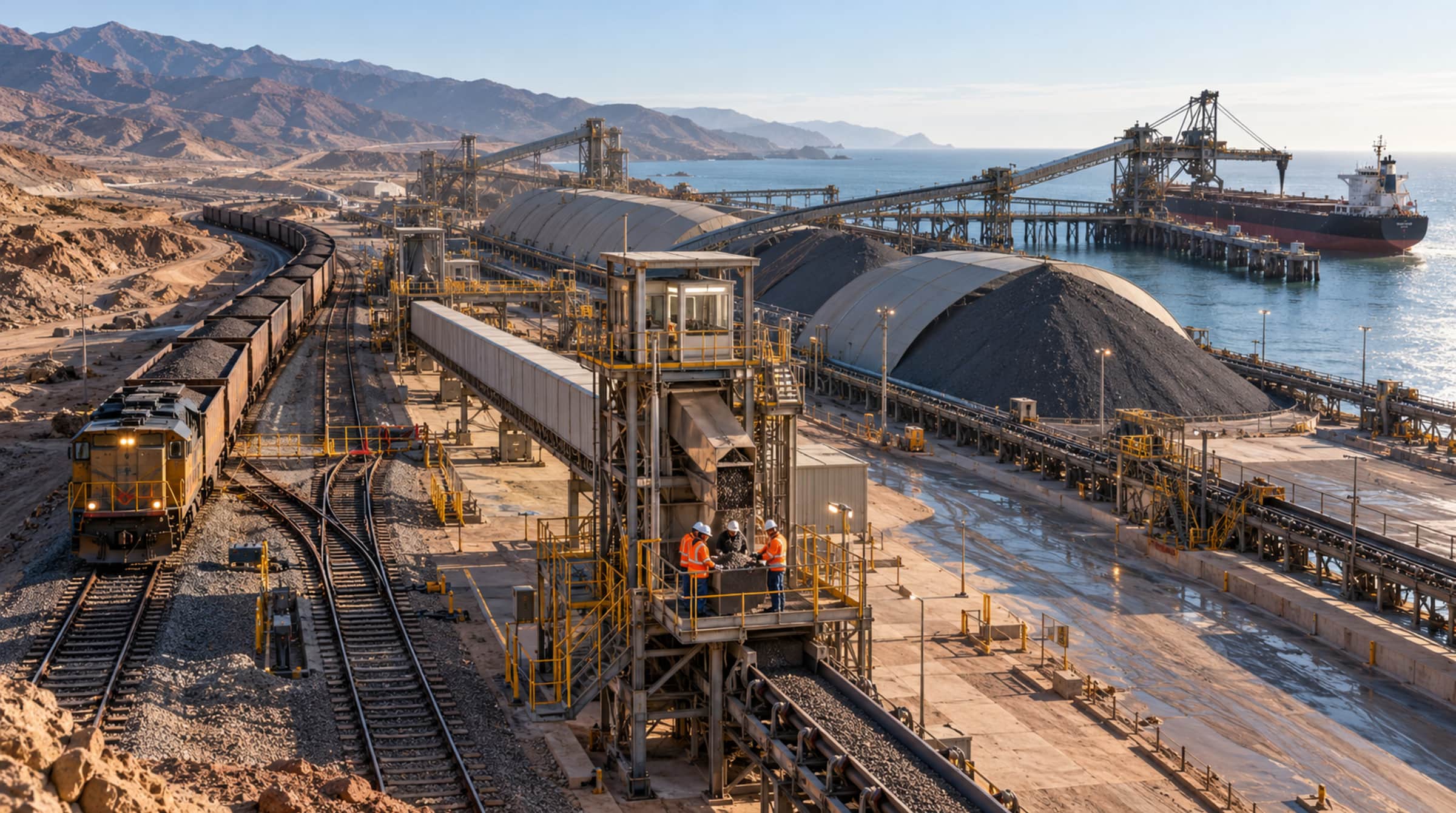 Panoramic view of an integrated mining supply chain connecting ore processing, conveyors, rail transport, stockpiles and port operations.