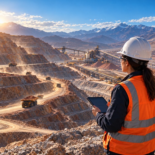 Mining engineer overlooking an open-pit copper mine, haul trucks, crushers and conveyors connecting the stages of the physical production chain.