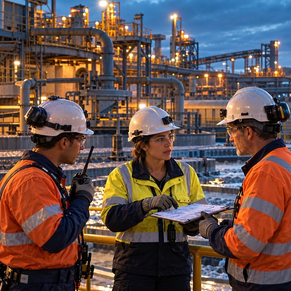 Three mining professionals in protective equipment coordinating responsibilities beside a mineral-processing plant.