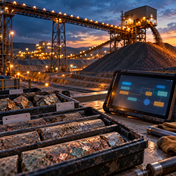 Ore samples and a rugged tablet beside a stockpile and conveyor system at a copper-mining operation.