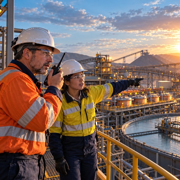 Field operator points toward part of a concentrator while a mining supervisor responds by radio.