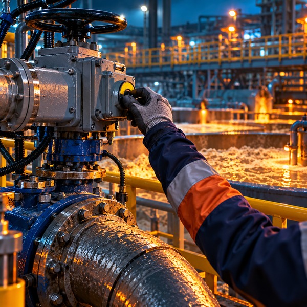 Gloved operator adjusts an industrial valve actuator within a copper concentrator’s processing circuit.
