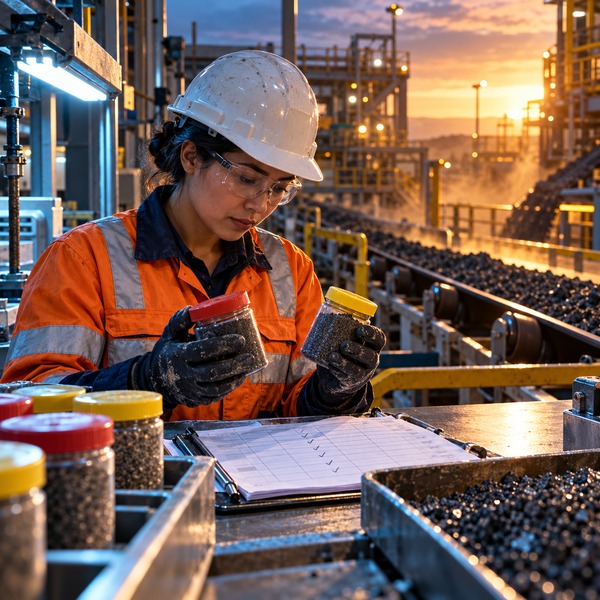 Metallurgical technician examines concentrate samples and records results beside the mineral-processing line.