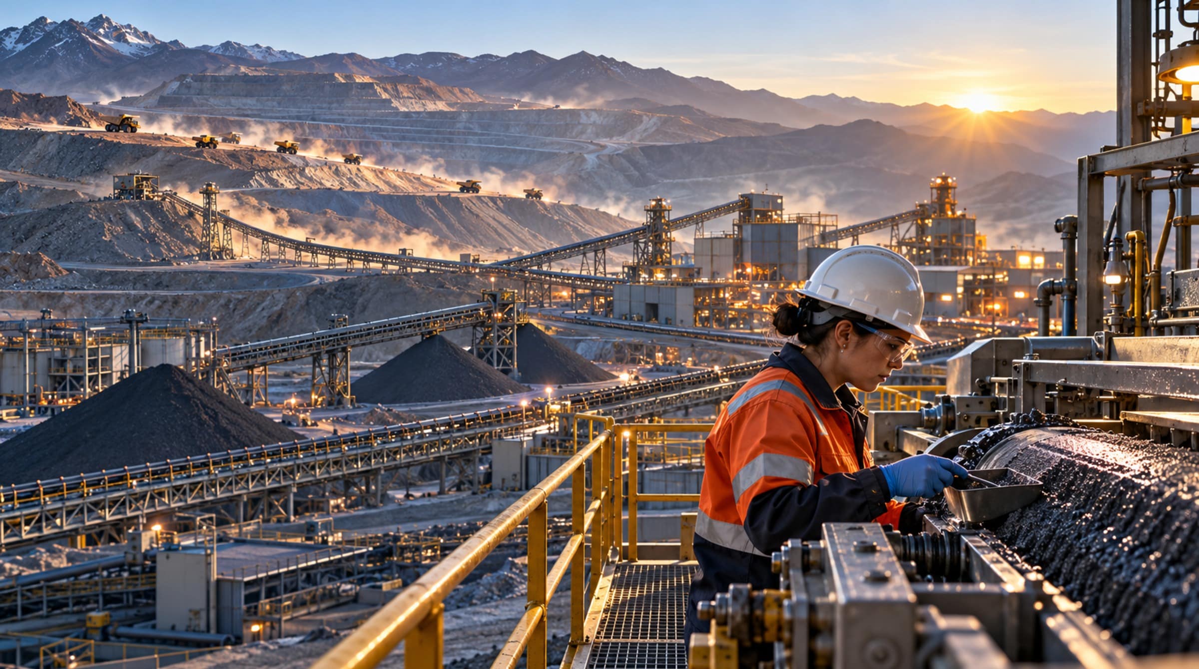 Worker samples copper concentrate in the foreground as conveyors, processing facilities and an open-pit mine extend upstream across the landscape.