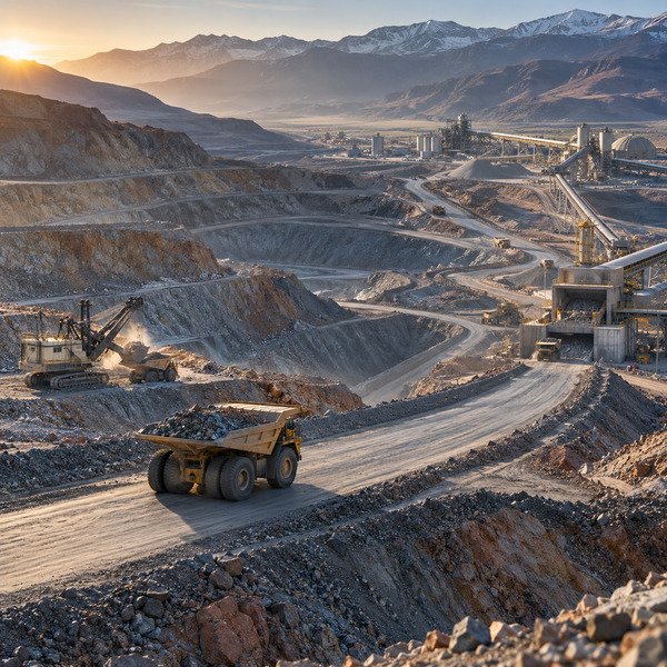A haul truck travels through an open-pit copper mine as roads, conveyors and the concentrator extend across the mountain landscape.