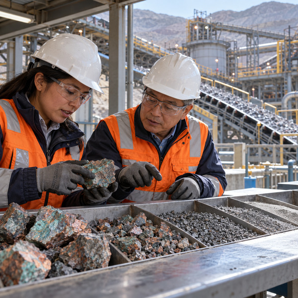 Two mining specialists inspect copper ore samples at a sampling station with conveyors and processing infrastructure behind them.