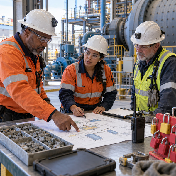 Three mining professionals review a grinding-circuit process plan, ore samples and safety equipment beside the operating plant.