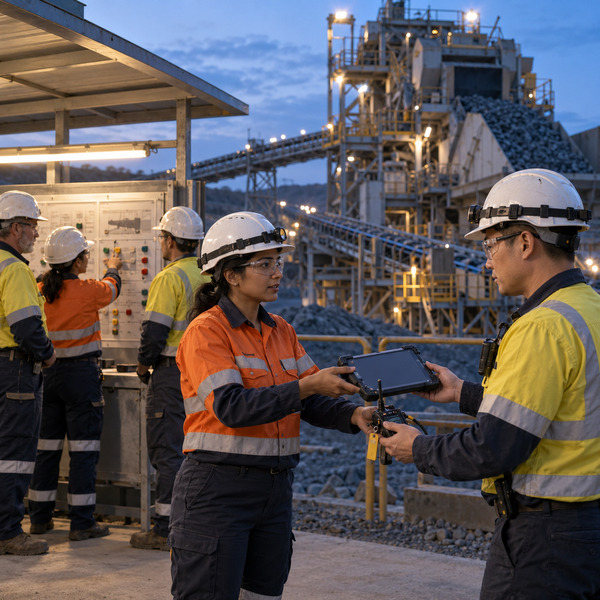 Two shift supervisors exchange a rugged tablet and radio beside an operating crusher while the wider crew checks equipment status.
