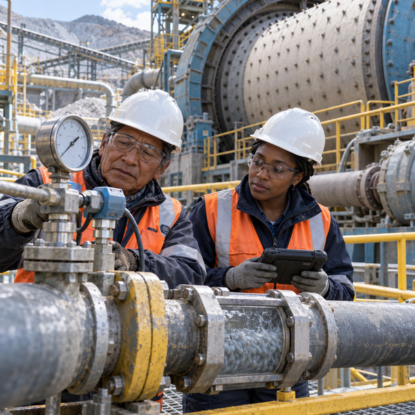 Two specialists check a pressure gauge, sensor connection and material flow beside a ball mill and slurry pipeline.