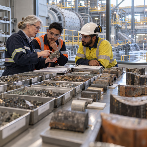 Three specialists compare ore sample trays and shift records in a metallurgical room overlooking the active grinding circuit.