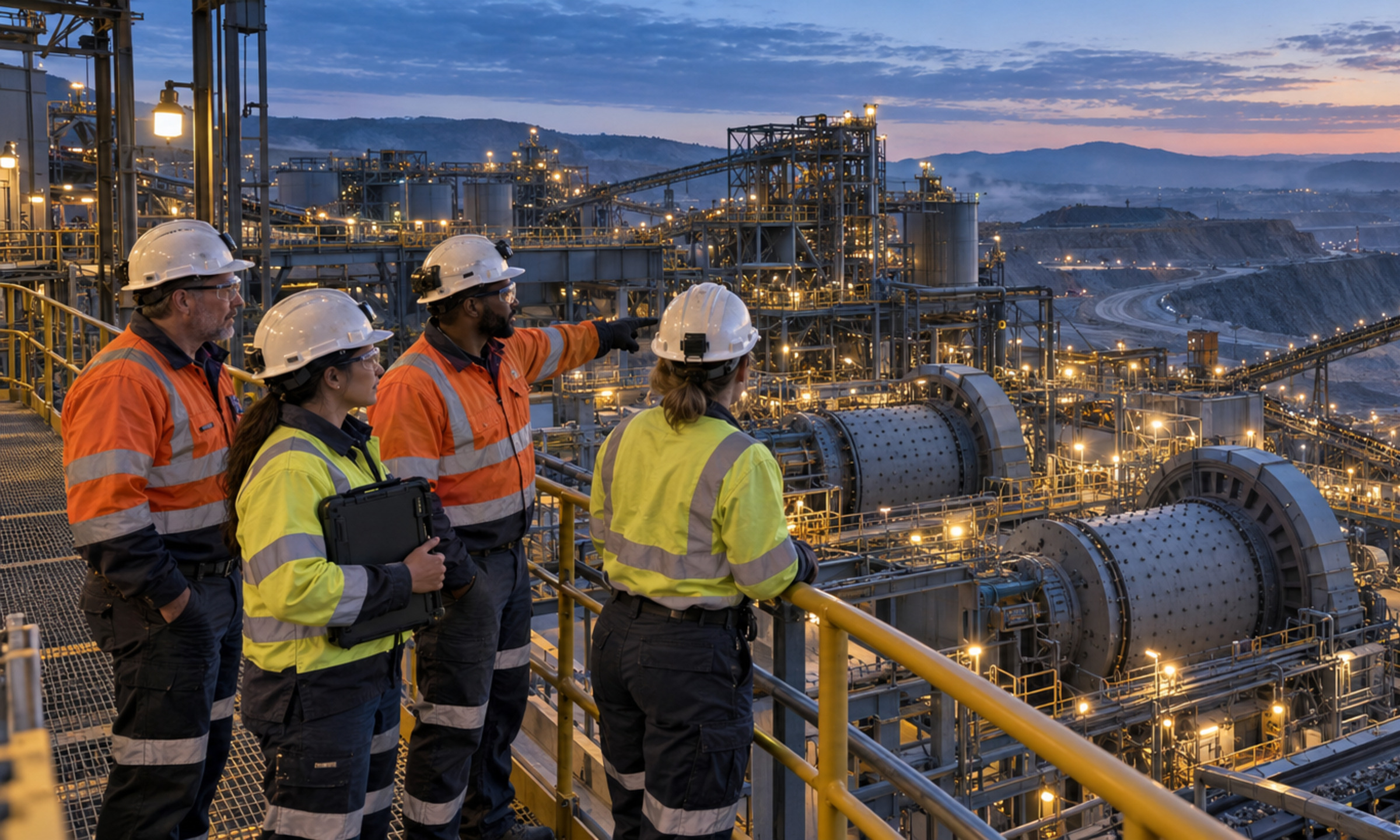 A shift team overlooks illuminated ball mills, conveyors, stockpiles and the open-pit mine as operations continue into dawn.