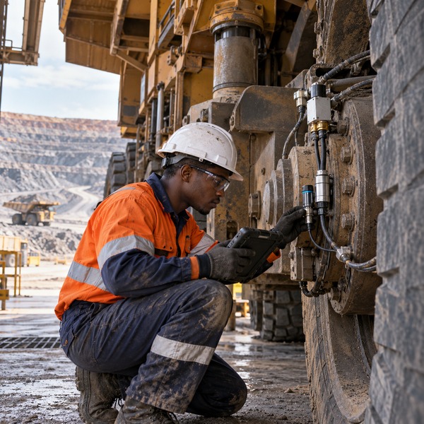 A technician inspects sensors and connections beside the wheel of a large haul truck in a mining workshop.