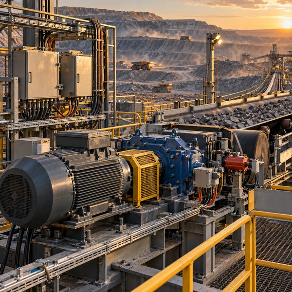 A motor, gearbox, brake, control cabinets and an ore-laden belt show the connection between power, communications and physical movement.