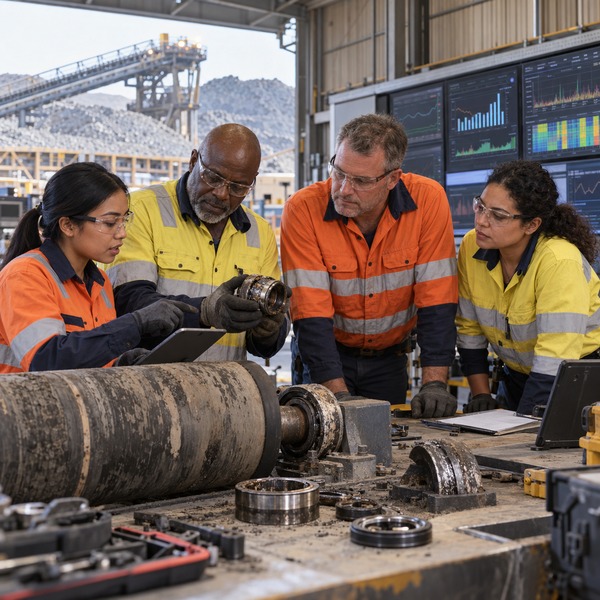 A team compares a removed bearing, field components and event histories on a workshop table to improve future decisions.