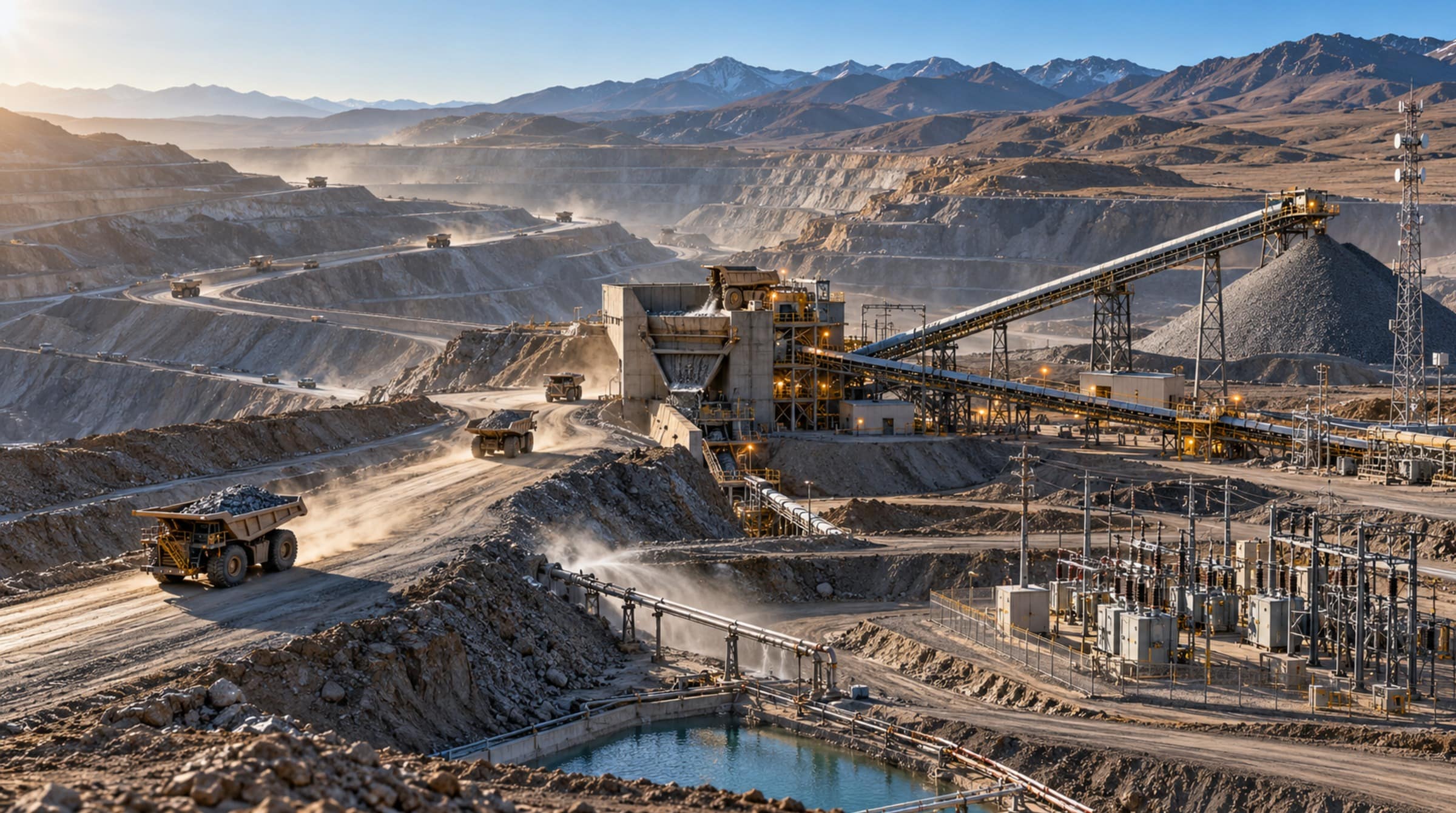 Panoramic view of a mine with haul trucks, a crusher, conveyors, a substation, a communications tower, dust control systems and an operating stockpile.