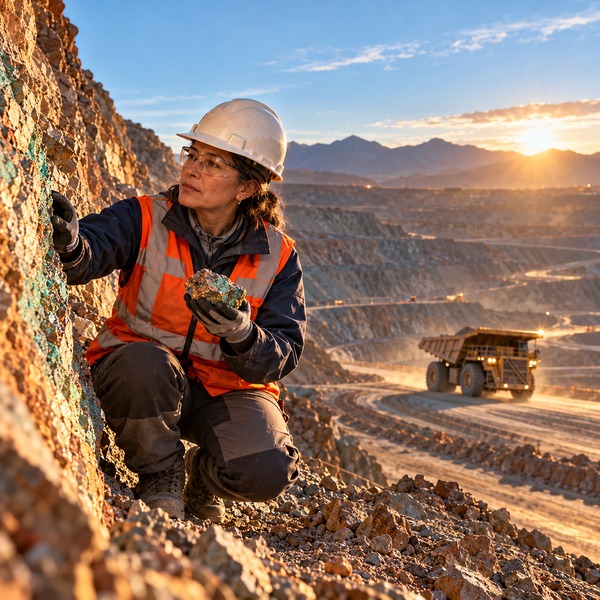 mine geologist examines mineralized rock at an open-pit bench as a haul truck travels through the terraced mine below.